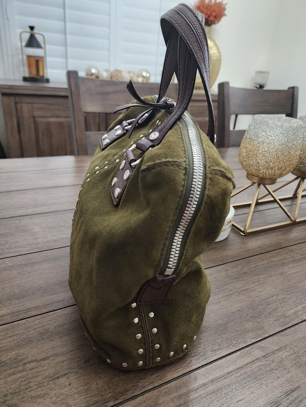 Michael Kors Olive Green Suede Silver Studded Handbag Astor Collection - Picture 4 of 13